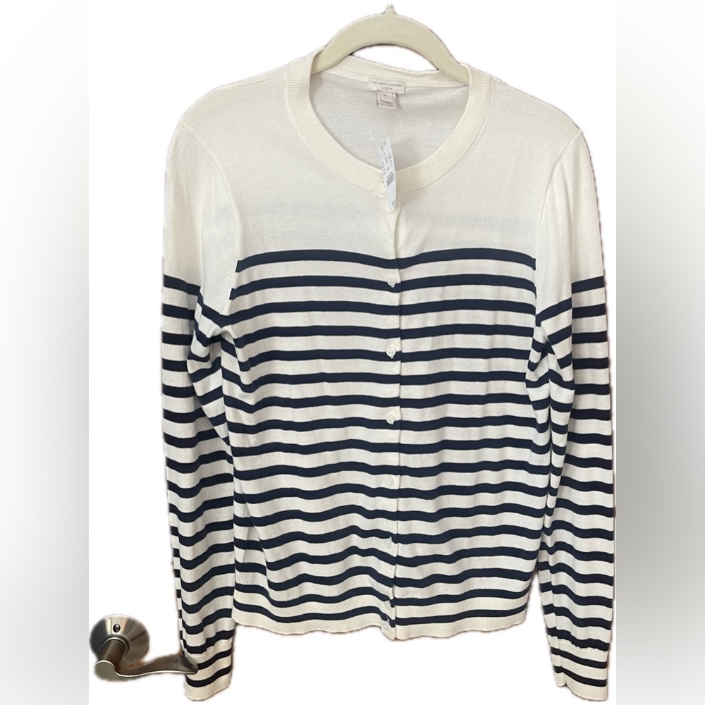J CREW FACTORY The Caryn Cardigan Size Medium Ivory with Navy Stripe NWT Cotton